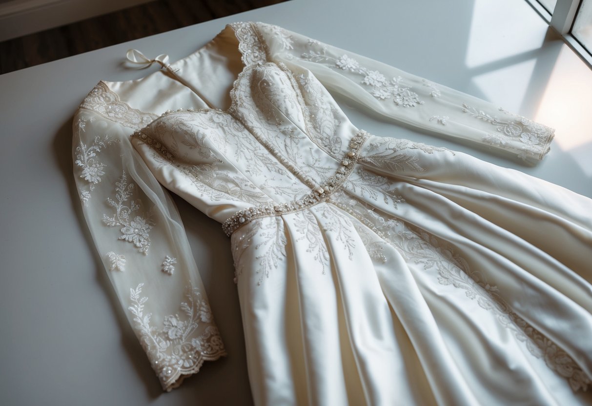 A vintage wedding dress laid out on a clean, well-lit surface, with delicate lace and intricate beading