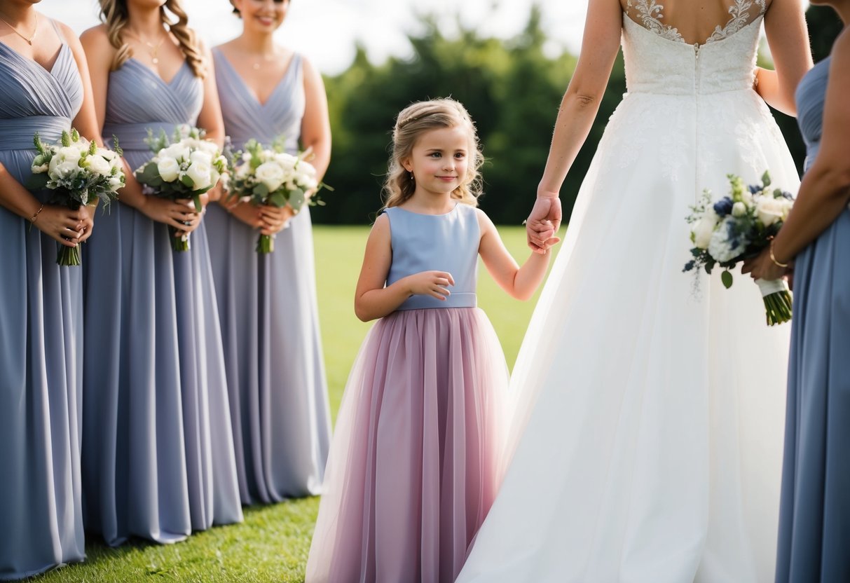 A flower girl in a matching color dress stands next to the bride, surrounded by bridesmaids in coordinating attire
