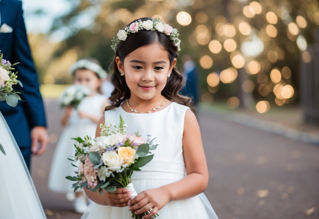A flower girl in a white dress holds a bouquet of flowers matching the bride's. She wears a matching floral headband and delicate jewelry