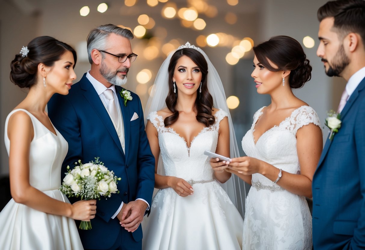 A bride-to-be and her family discussing wedding dress expenses