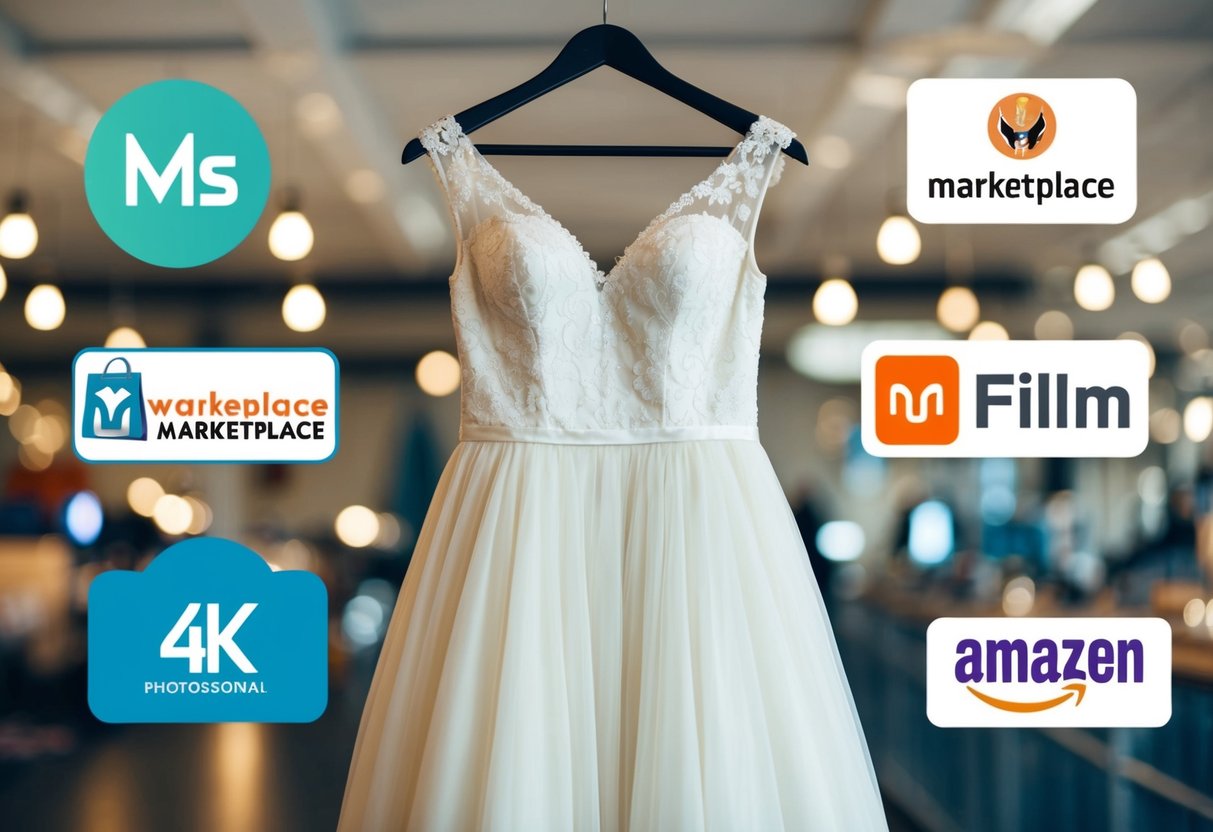 A vintage wedding dress hangs on a hanger, surrounded by various online marketplace logos