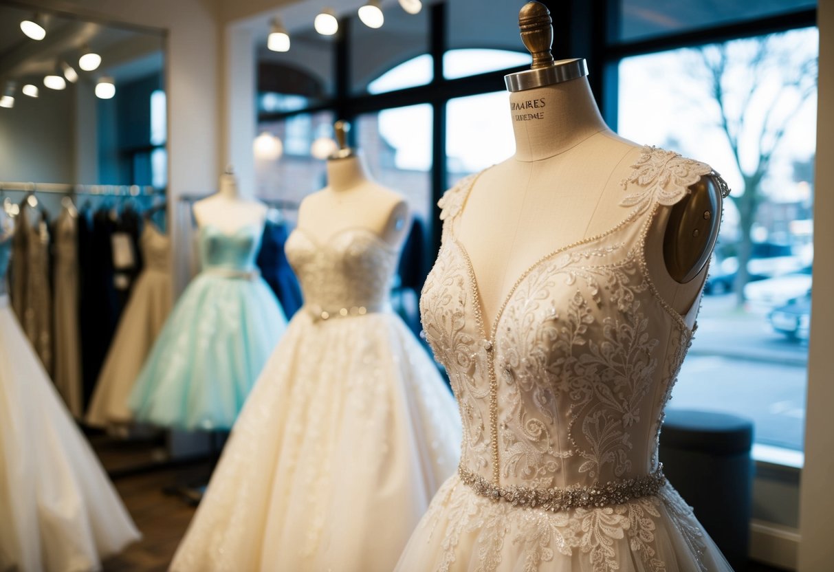 A vintage wedding dress displayed on a mannequin in a well-lit boutique setting, with delicate lace and intricate beadwork