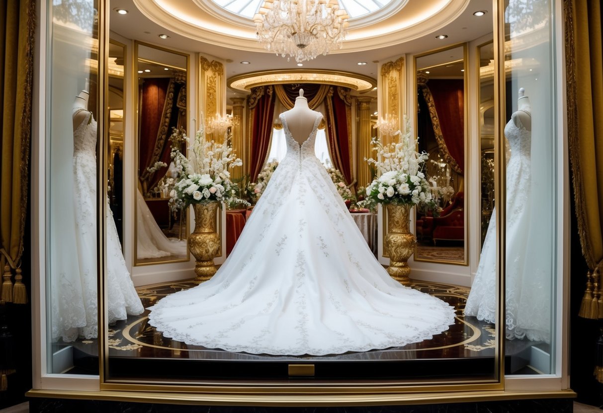 A lavish wedding dress displayed in a grand boutique window, surrounded by opulent decor and luxurious fabrics