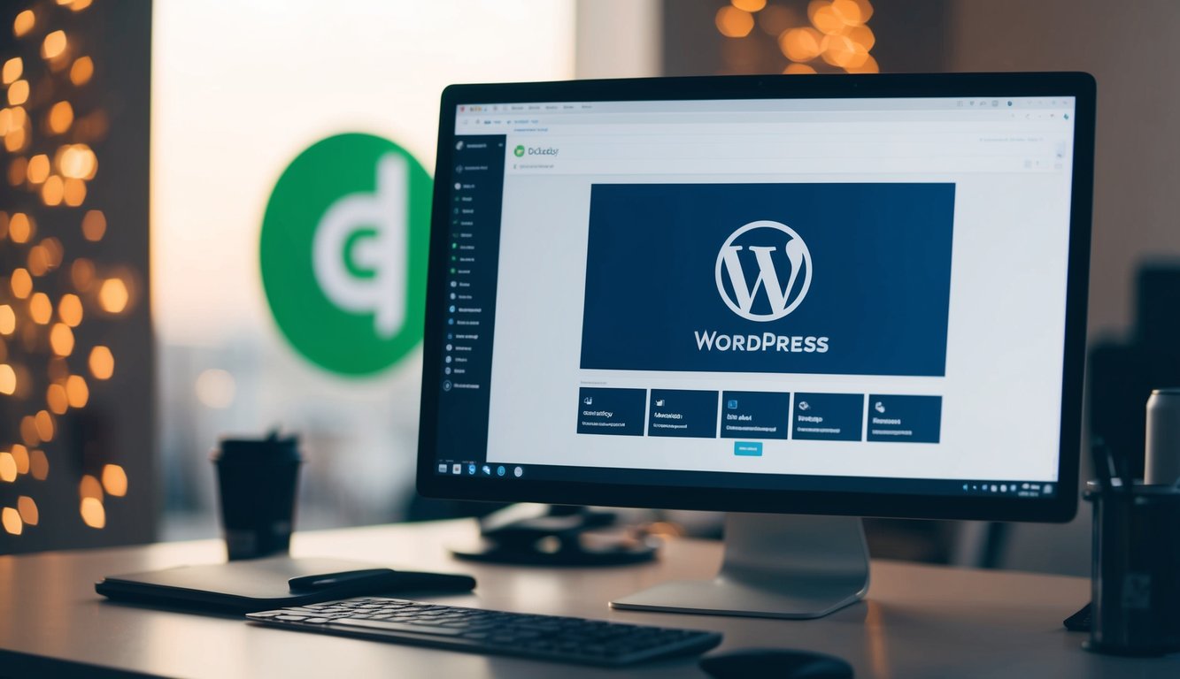 A computer screen displaying the WordPress dashboard on a desk with a GoDaddy logo in the background
