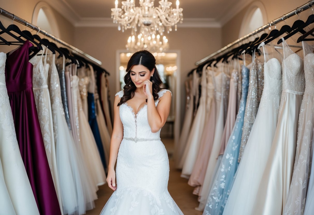 A bride browsing through a variety of wedding dresses in a luxurious bridal boutique, pondering the question of how much is too much to spend