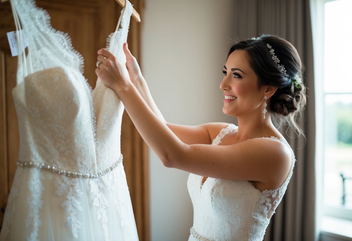 A woman holds up her wedding dress, admiring the delicate lace and flowing train. She smiles, imagining herself wearing it on her special day