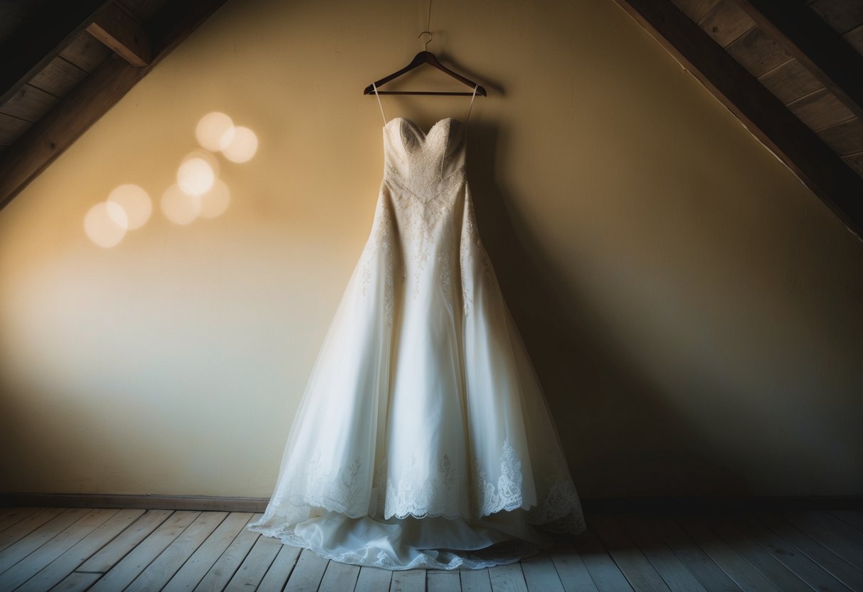 A wedding dress hanging in a dimly lit, dusty attic for several years, slowly turning a pale yellow color