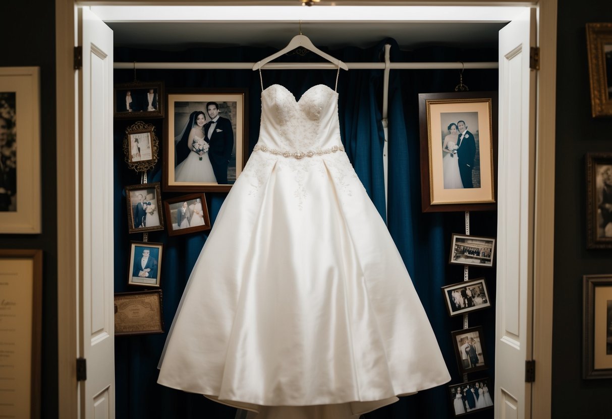 A wedding dress hanging in a dimly lit closet, surrounded by old photographs and memorabilia