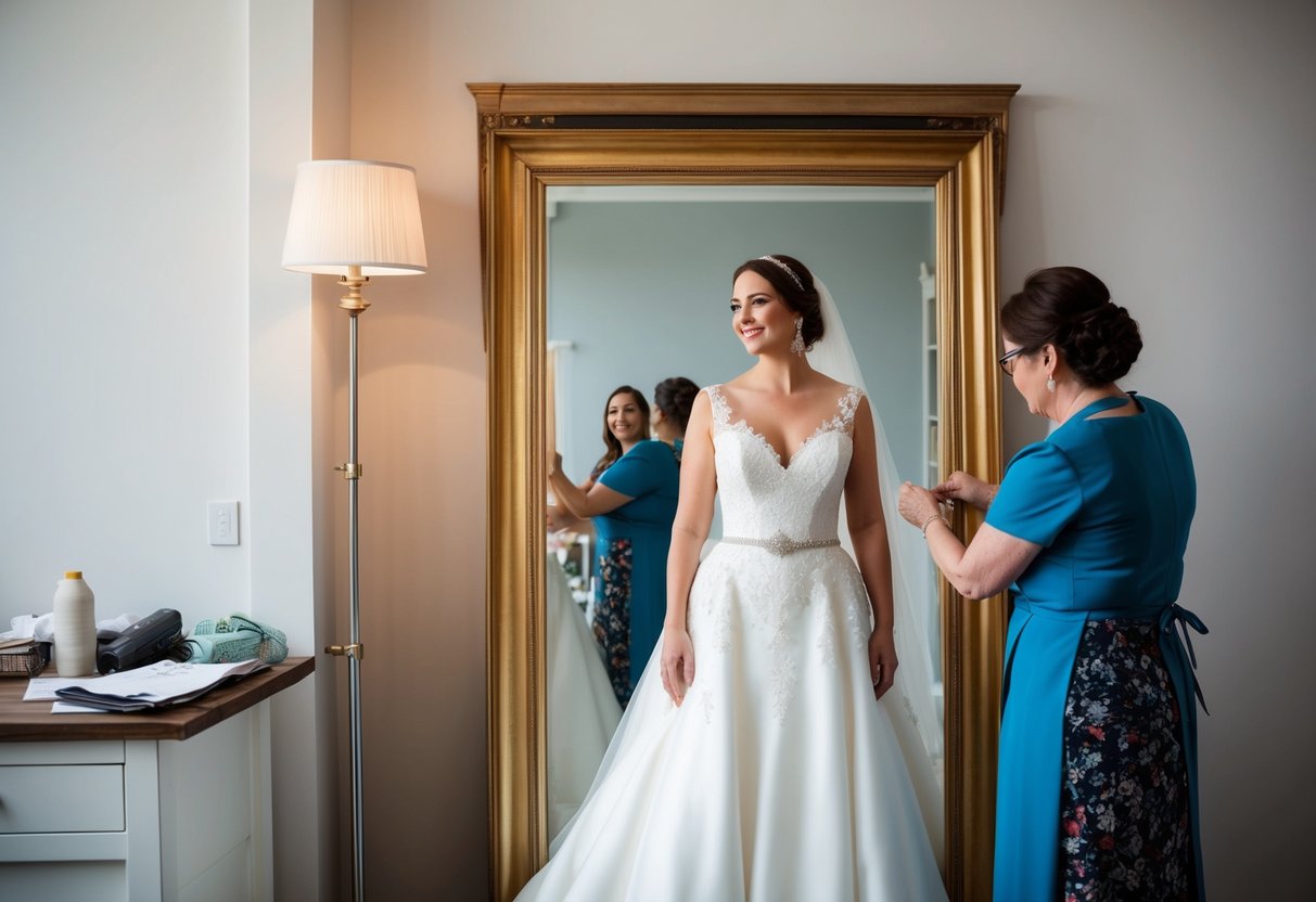 A bride stands in front of a full-length mirror, admiring her wedding dress as a seamstress makes final adjustments