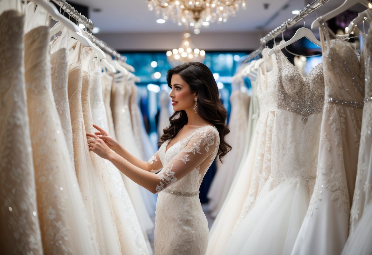 A bride-to-be browsing through elegant wedding gowns in a luxurious boutique, admiring the intricate lace and sparkling embellishments