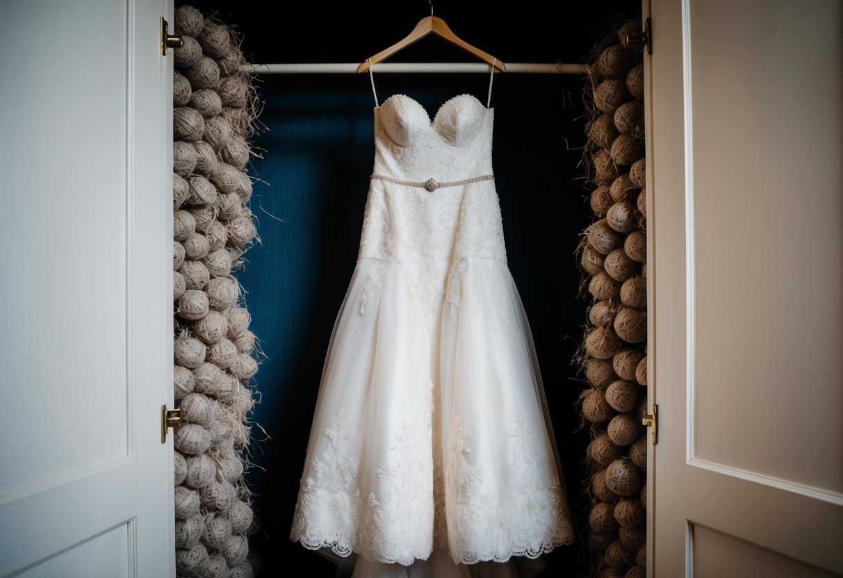 A wedding dress hanging in a dimly lit closet, surrounded by mothballs and covered in a thin layer of dust