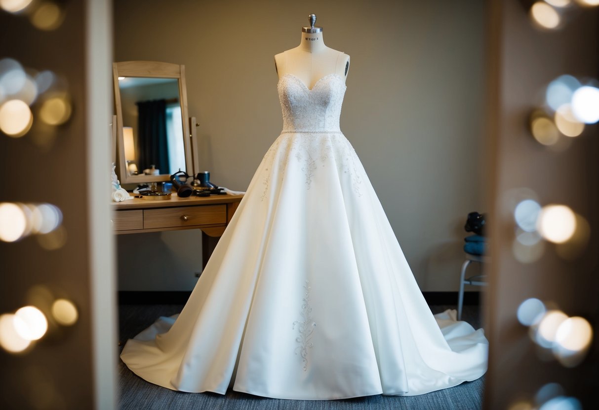 A bride's dress fitting: a bridal gown on a dress form, surrounded by a seamstress's tools and a mirror for final adjustments