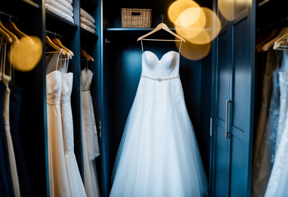 A wedding dress hanging in a dark, cool closet, protected from sunlight and dust