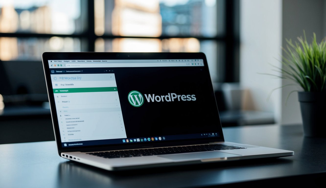 A laptop open on a desk, displaying a WordPress dashboard on the screen. A GoDaddy logo visible in the browser tab
