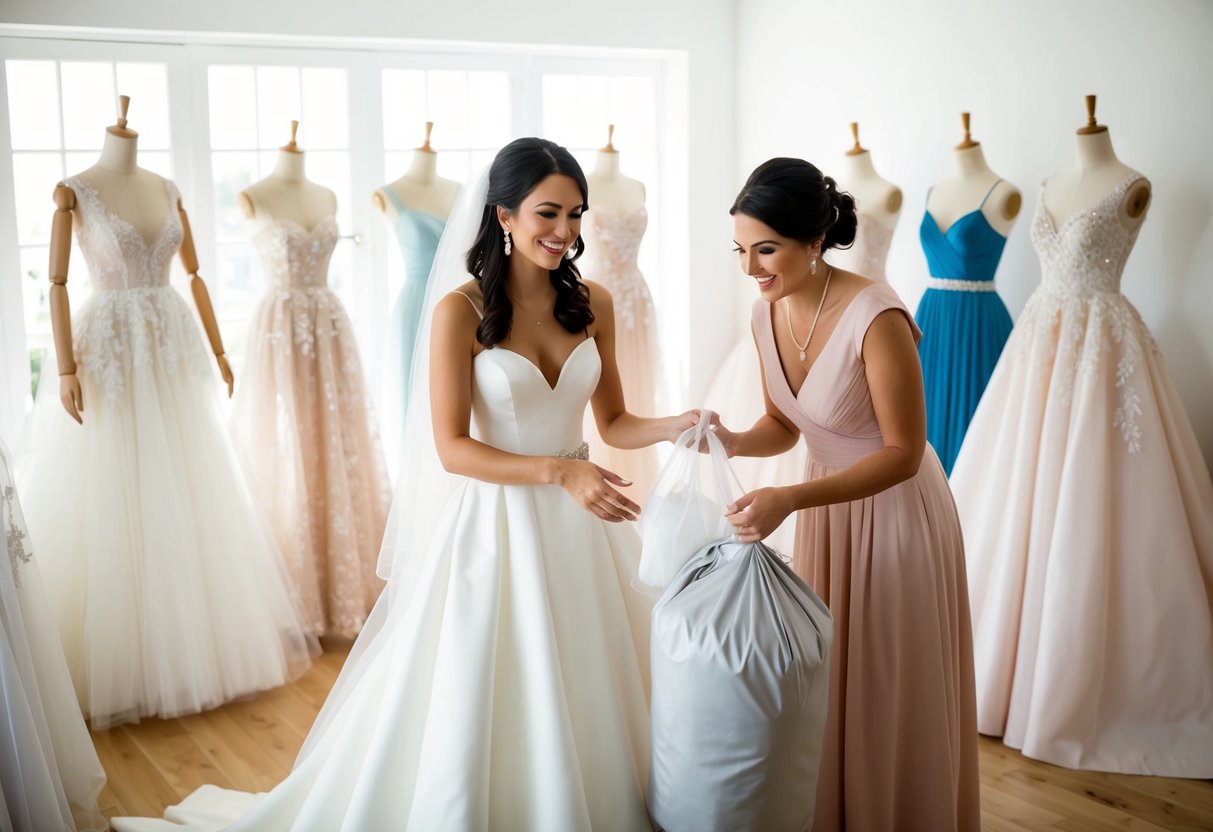 A bride stands in a bright, airy bridal boutique, surrounded by mannequins adorned in elegant gowns. A seamstress carefully hands her a garment bag containing her wedding dress, as the bride eagerly anticipates trying it on