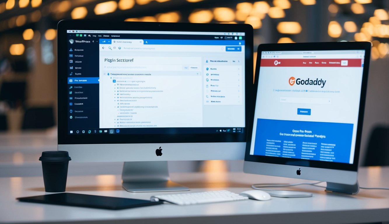 A computer screen displaying a WordPress dashboard with a plugin section open, and a Godaddy website open in the browser