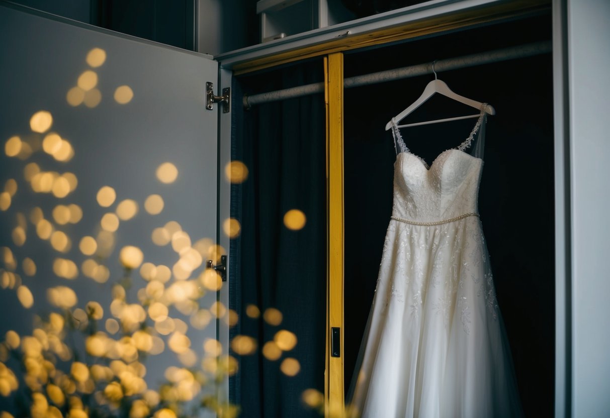 A wedding dress hanging in a dark, dusty closet, slowly turning yellow over the course of several years