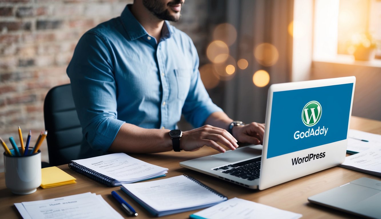 A person sitting at a desk with a laptop open, surrounded by notes and a GoDaddy logo, while receiving assistance on using WordPress
