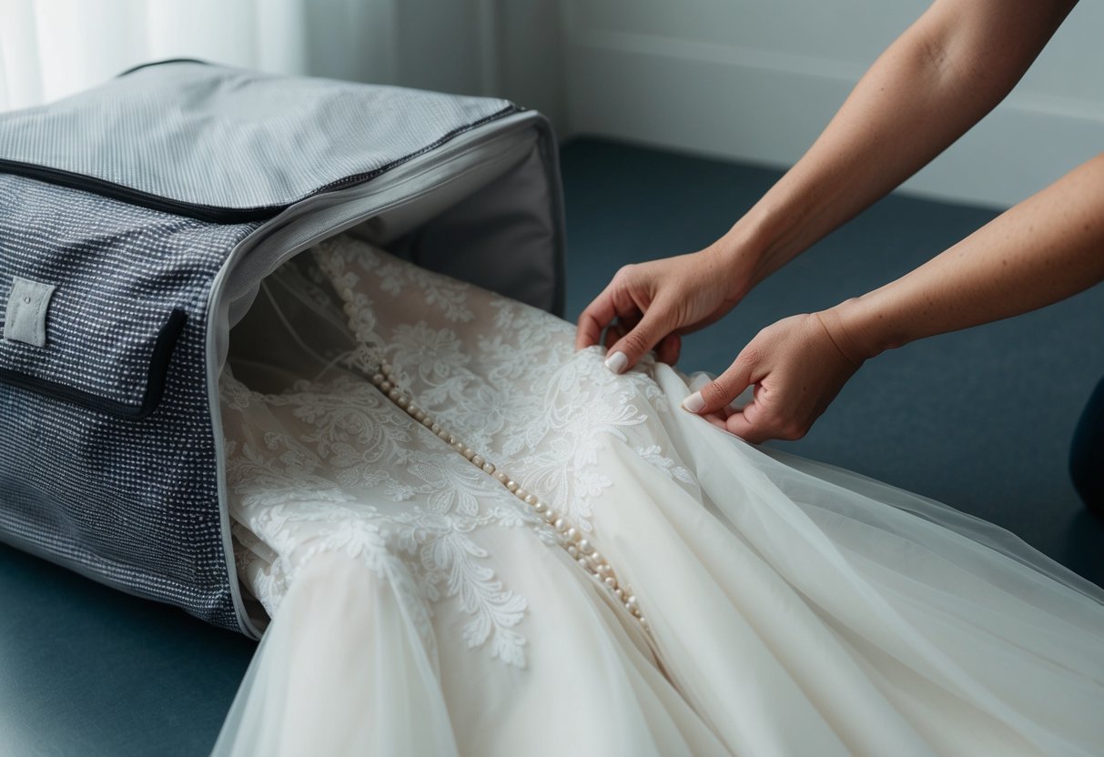 A wedding dress is carefully folded and placed in a breathable, acid-free garment bag, then stored in a cool, dark, and dry location