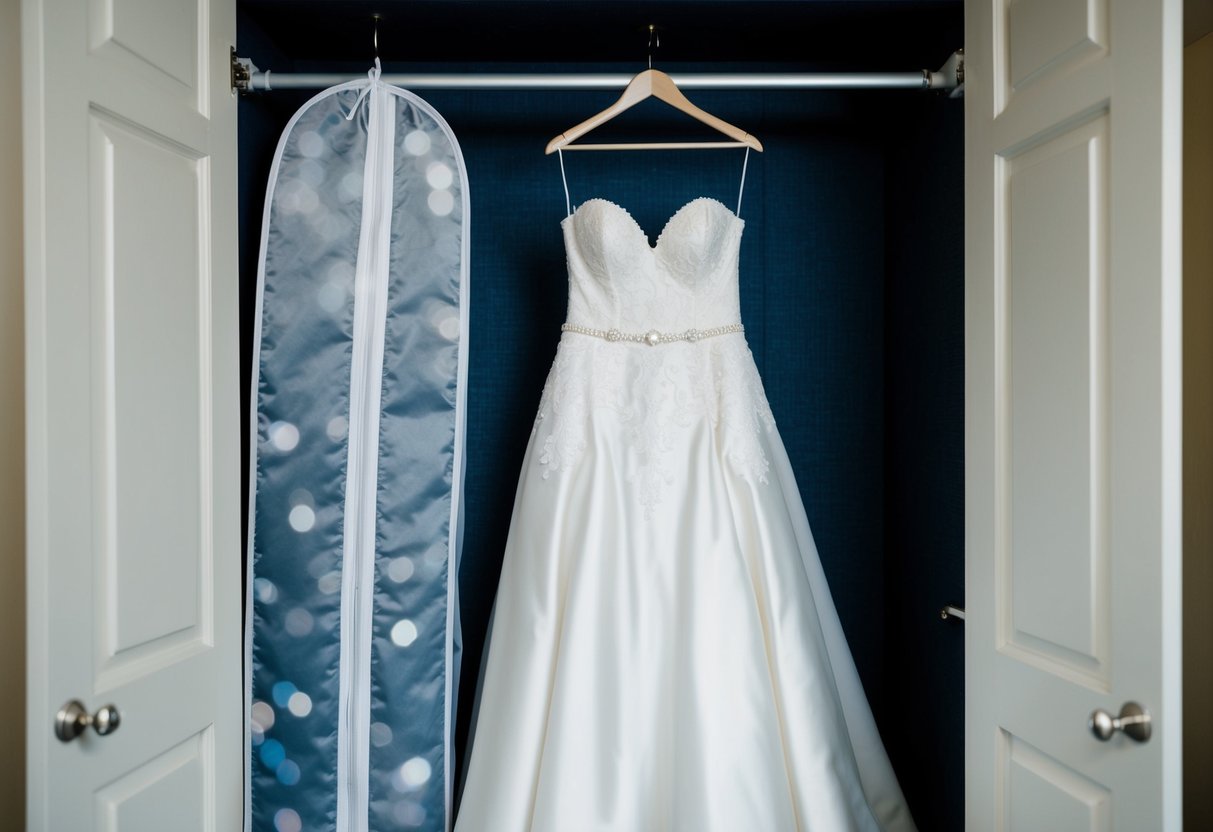 A wedding dress is carefully hung in a cool, dark, and dry closet, protected by a breathable garment bag to prevent yellowing