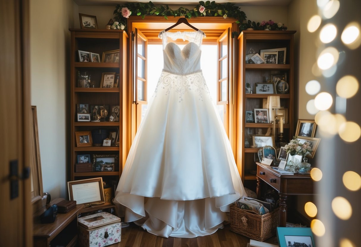 A wedding dress hanging in a sunlit room, surrounded by nostalgic keepsakes and memories