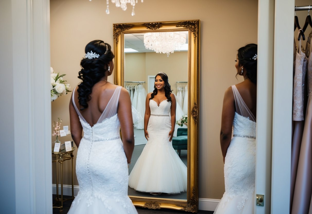 A bride standing in a bridal boutique, admiring herself in a full-length mirror while trying on a wedding dress