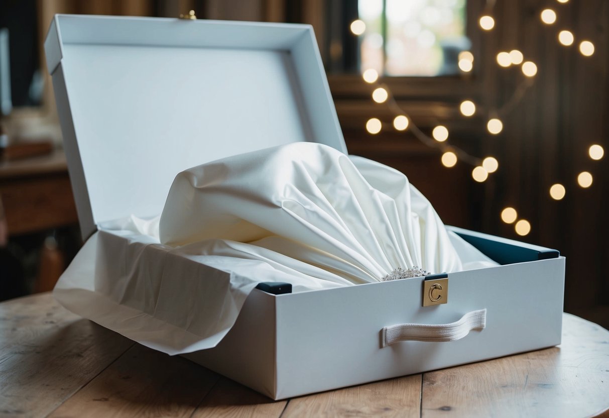 A wedding dress is carefully wrapped in acid-free tissue paper and placed in a sealed, archival-quality box with UV protection