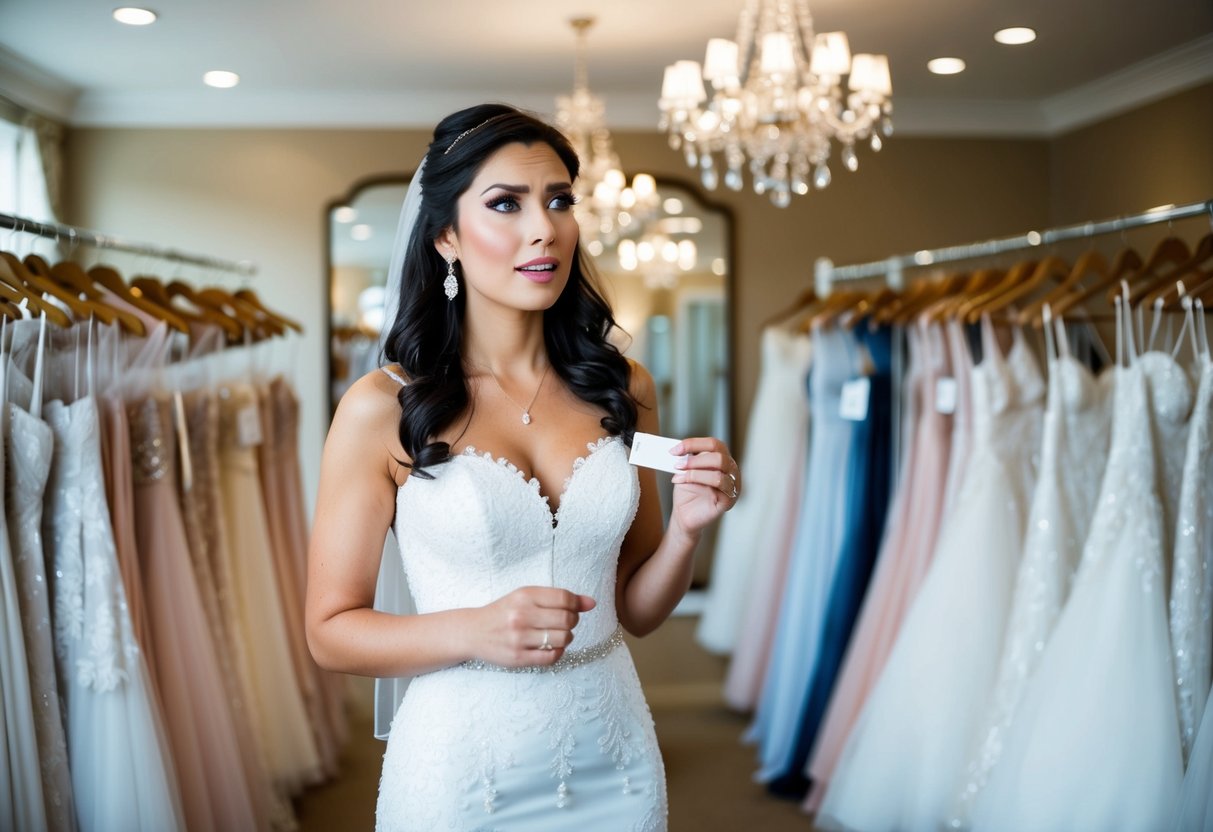 A bride standing in a bridal boutique, surrounded by racks of wedding dresses with a concerned expression on her face while holding a price tag