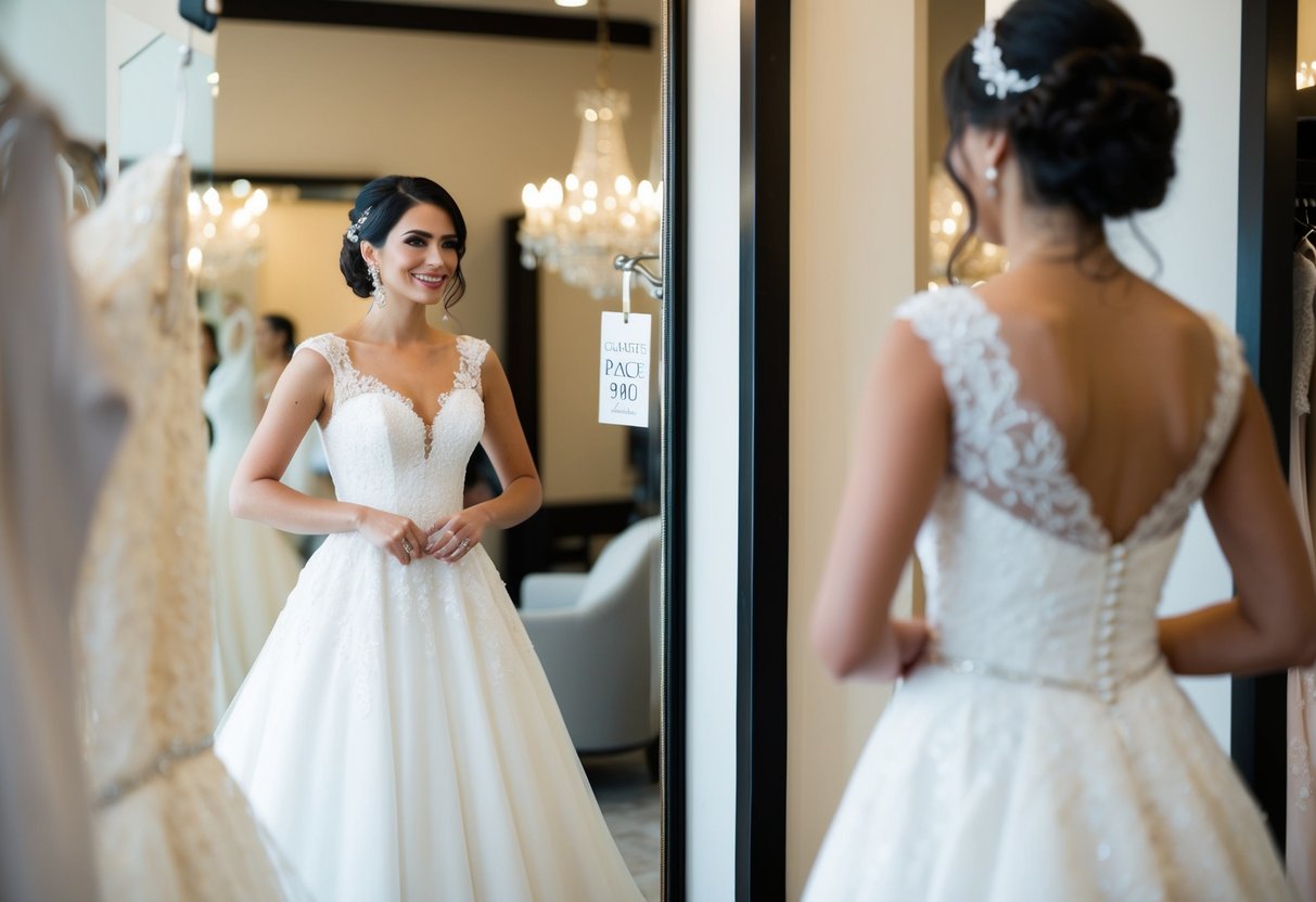 A bride standing in front of a mirror, trying on a wedding dress in a luxurious bridal boutique, with a price tag displayed prominently