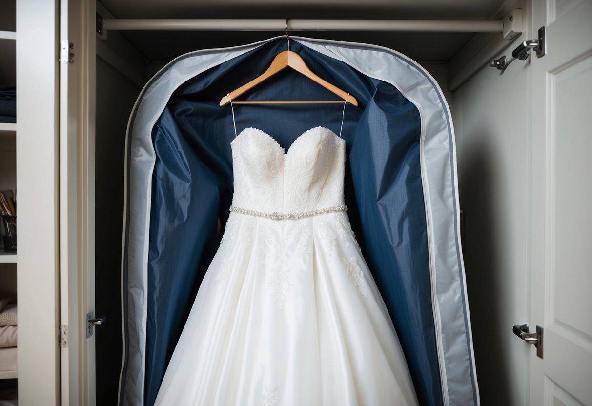 A wedding dress hanging in a breathable garment bag, stored in a cool, dark, and dry closet with acid-free tissue paper