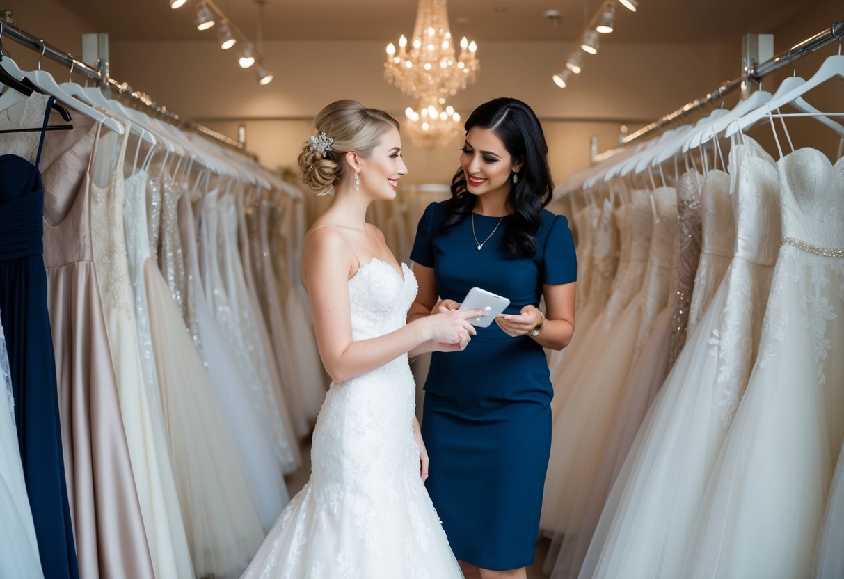 A bride standing in a bridal boutique, surrounded by racks of wedding dresses. A salesperson is showing her different options and discussing additional costs and considerations