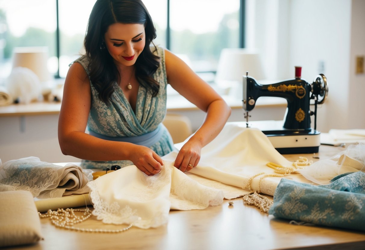 A seamstress crafting a wedding dress with fabric, lace, and beads scattered on the work table