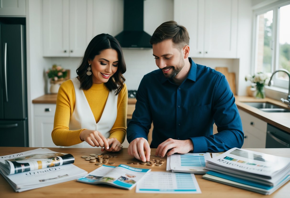 A couple counting coins at a kitchen table, surrounded by wedding magazines and budgeting spreadsheets