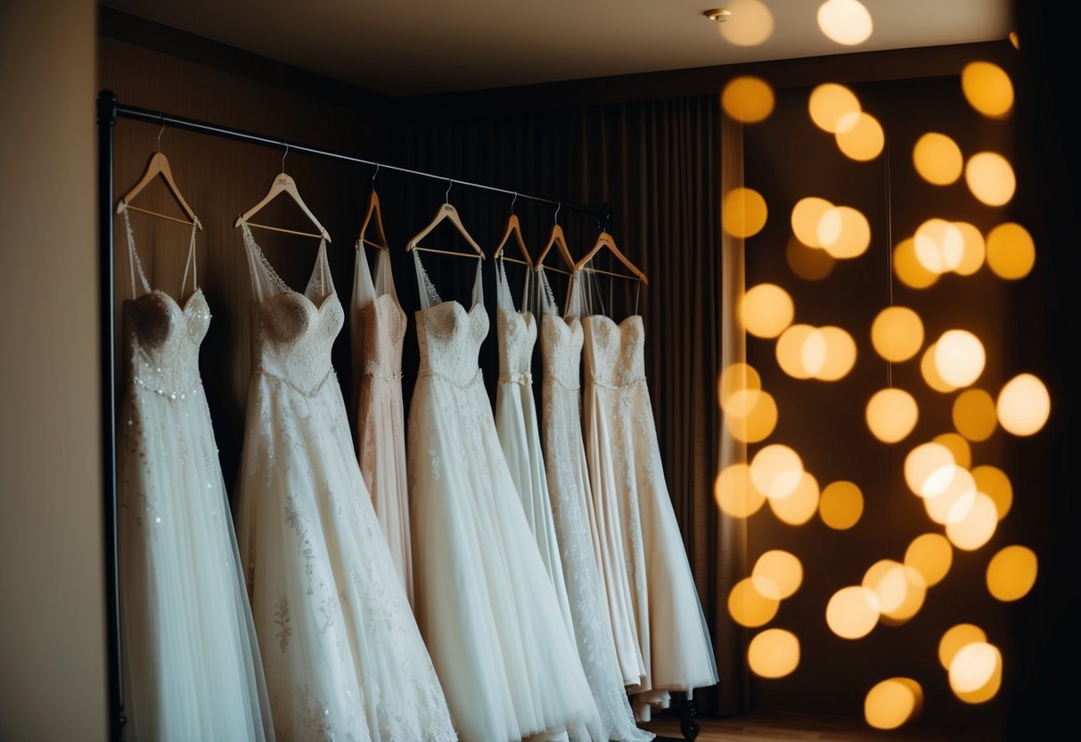 A dimly lit room with a row of elegant wedding gowns hanging on a rack, surrounded by soft, warm lighting