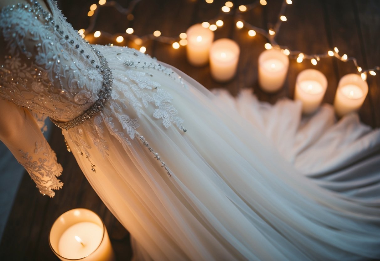 A bride's evening outfit change: a flowing gown, adorned with delicate lace and shimmering beads, surrounded by soft candlelight and twinkling fairy lights