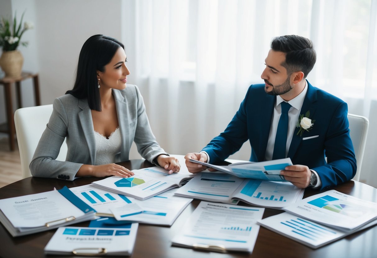 A couple sits at a table surrounded by wedding magazines and financial documents. They discuss various financing options for their upcoming wedding, including budgeting, loans, and alternative payment plans