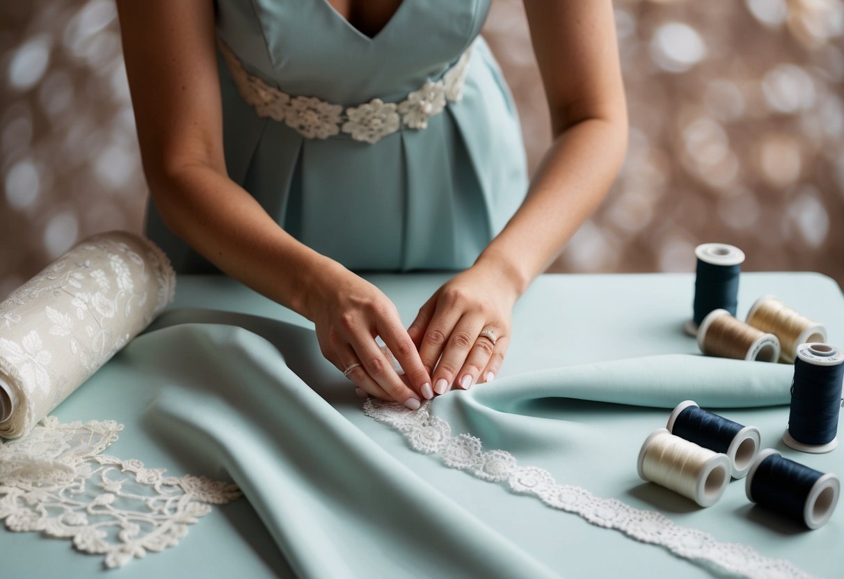 A seamstress carefully measures fabric for a custom wedding dress, surrounded by spools of thread and lace swatches