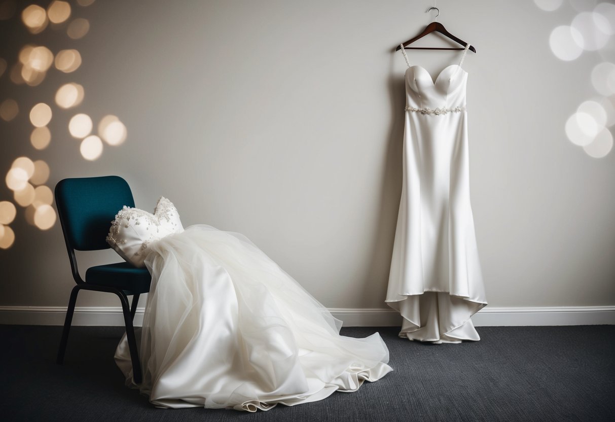 A bride's discarded wedding gown lies crumpled on a chair, while a sleek evening reception dress hangs elegantly from a hanger