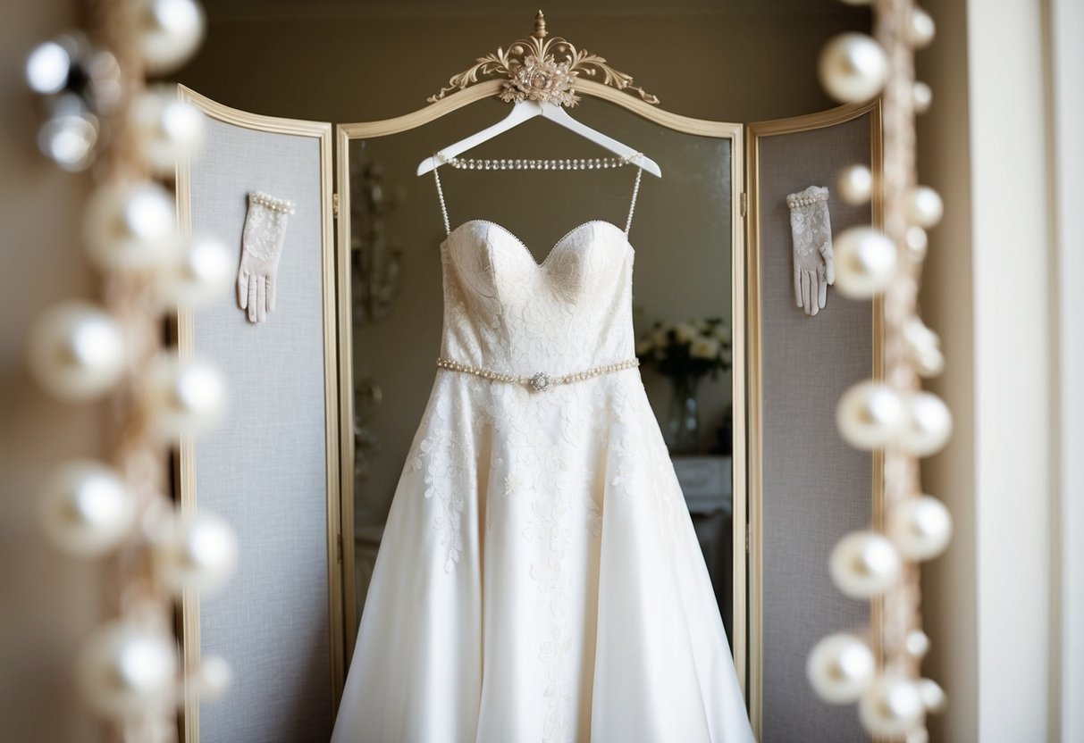 A bride's elegant gown hangs on a vintage-style dressing screen, surrounded by delicate lace gloves, pearl earrings, and a shimmering hair comb
