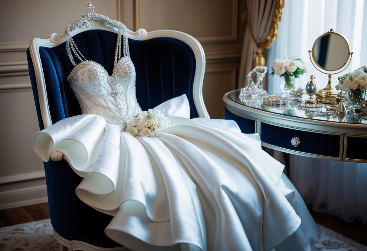 A lavish white wedding gown draped over a velvet chair, surrounded by sparkling jewelry and elegant accessories on a luxurious vanity table