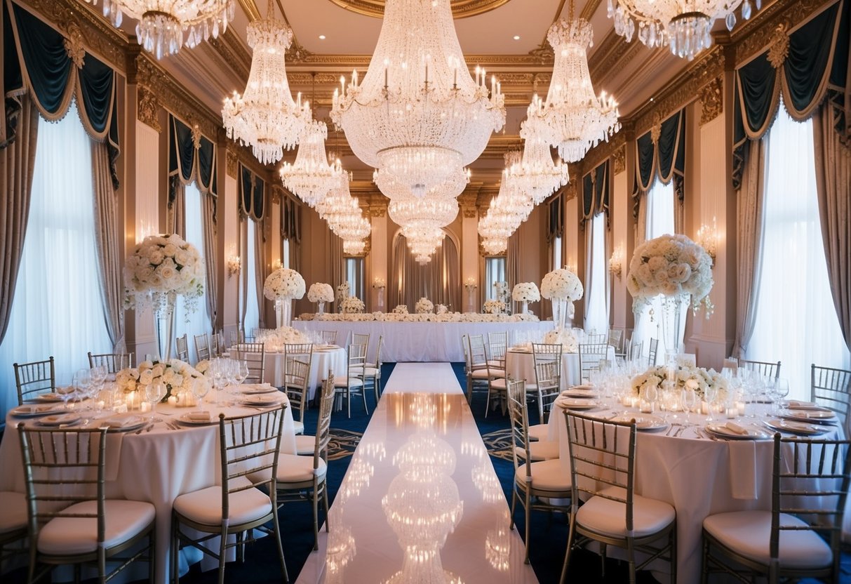 A lavish ballroom with crystal chandeliers, ornate decor, and luxurious furnishings, set for an extravagant wedding ceremony