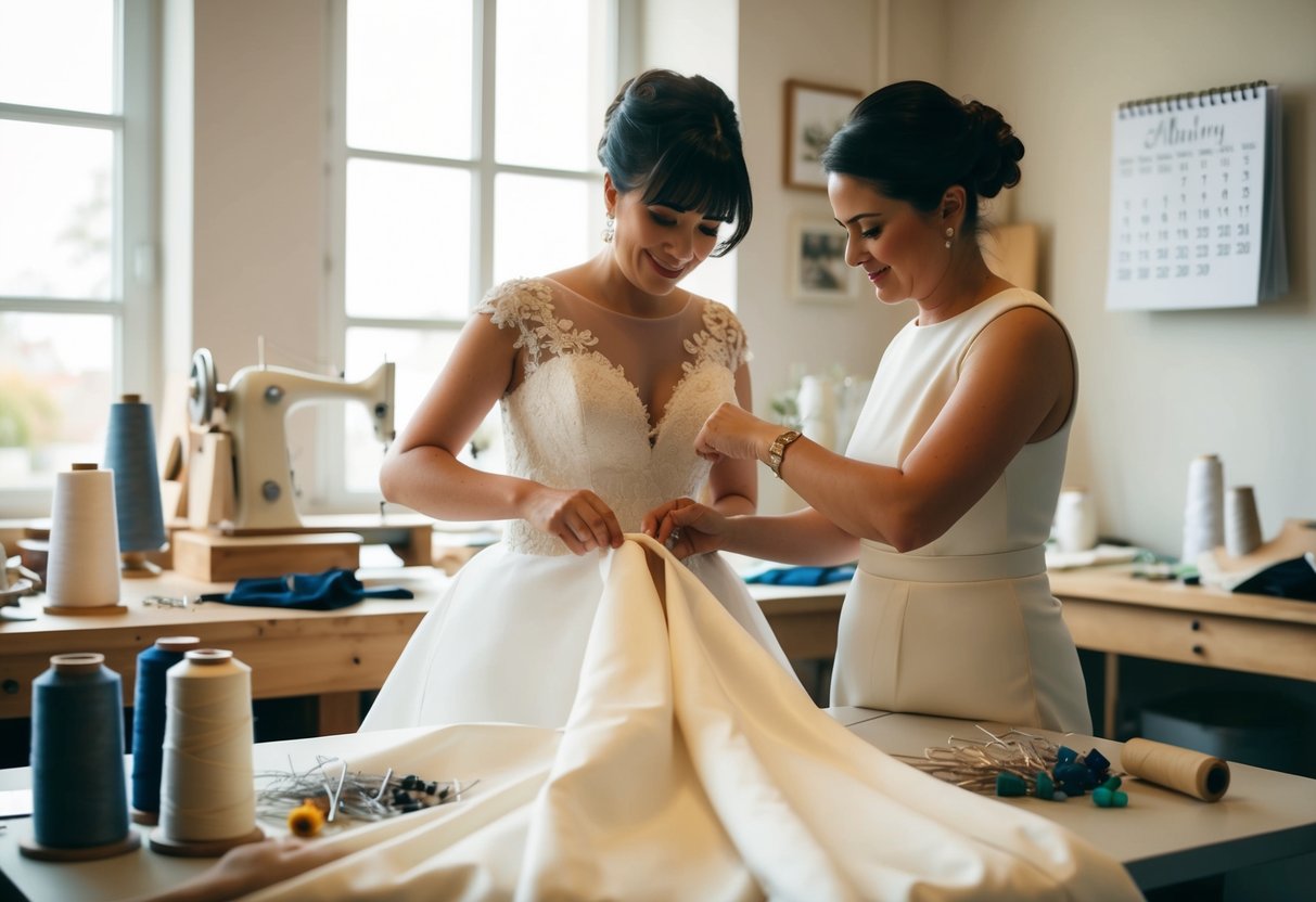 A seamstress altering a wedding dress in a cozy atelier, surrounded by spools of thread and pins, with a calendar on the wall showing the upcoming wedding date