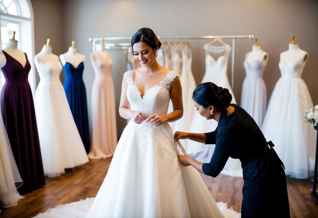 A bride stands in a bridal boutique, holding a wedding dress while a seamstress measures her for alterations. Mannequins display various gown styles in the background