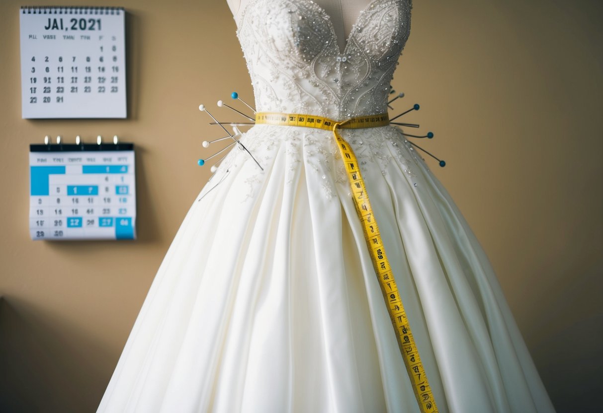 A wedding dress hanging on a tailor's mannequin, surrounded by pins, needles, and measuring tape. A calendar on the wall shows the date of the wedding