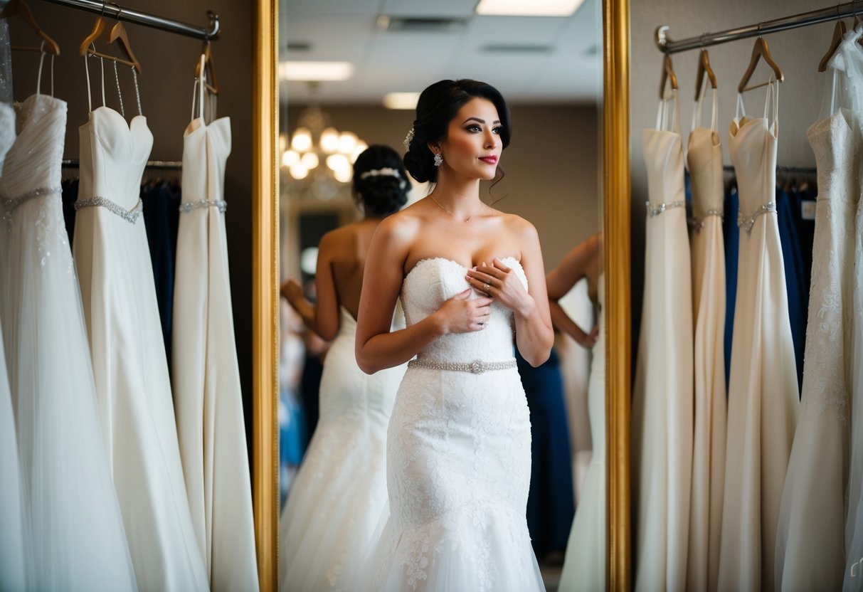 A woman stands in front of a full-length mirror, surrounded by wedding dresses. She looks unsure, holding a dress up to her body, as if questioning her choice
