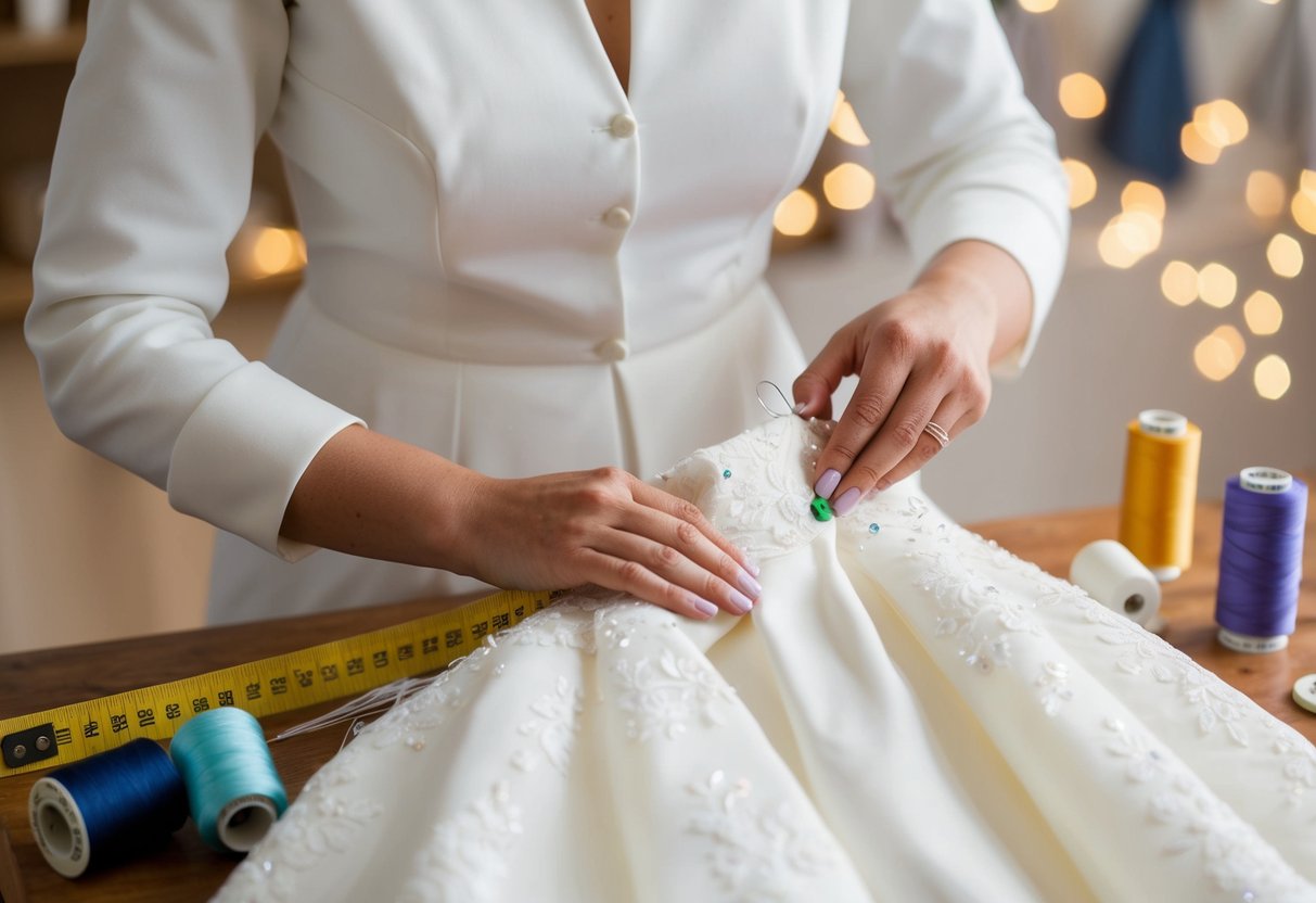 A seamstress carefully pins and hems a wedding dress, surrounded by spools of thread and a tape measure