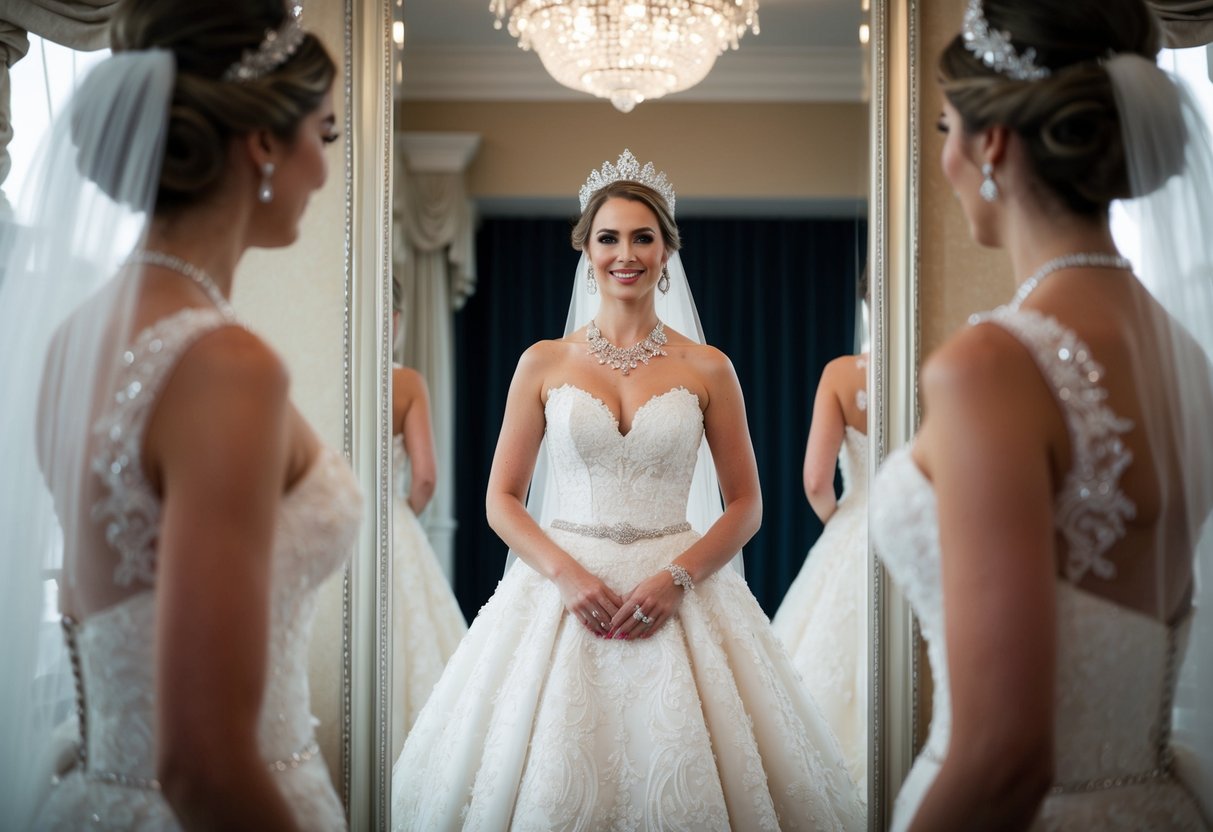 A bride stands in front of a full-length mirror, adorned in a luxurious wedding gown, with a sparkling tiara and elegant jewelry adding the final touches to her expensive look