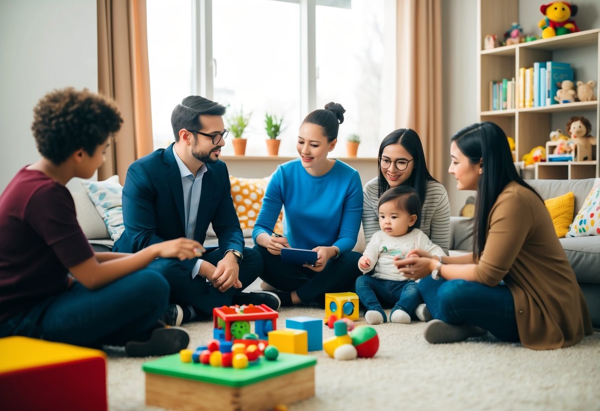 Un groupe de professionnels discutant du développement de la petite enfance dans un cadre confortable et adapté aux enfants, avec des jouets et du matériel éducatif.