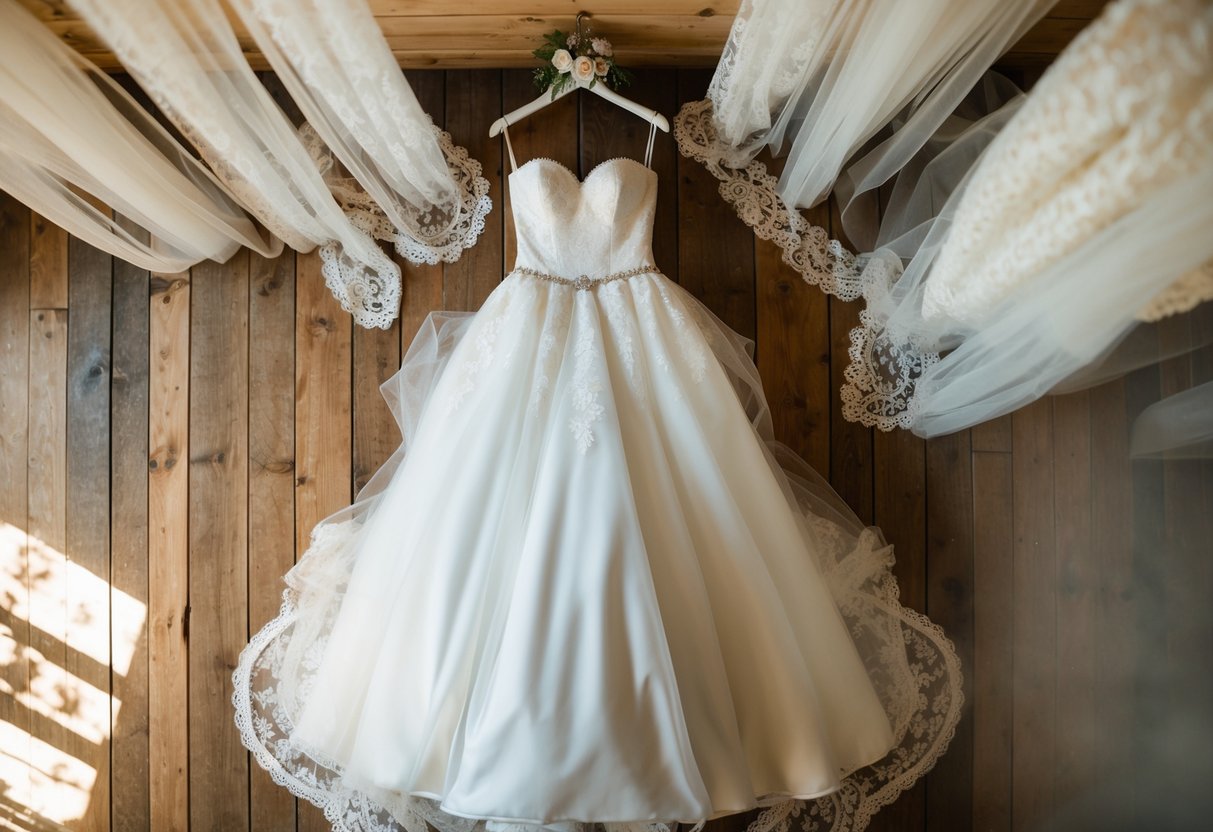 A wedding dress hangs on a vintage mannequin, surrounded by lace and tulle fabric, in a sunlit room with a rustic wooden floor