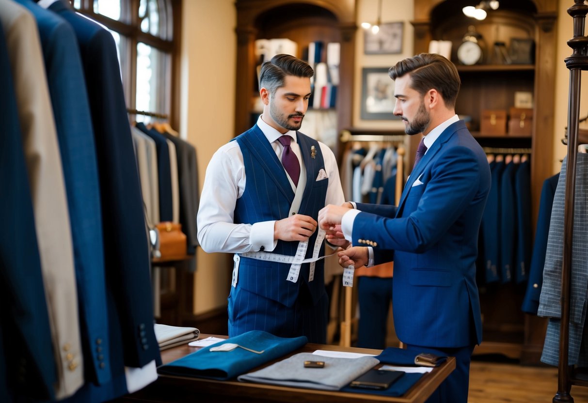 A tailor measures and fits a bespoke suit in a traditional British menswear shop. The customer discusses fabric options and accessories with the tailor